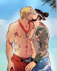 Rule 34 | 2boys, abs, arm hair, arm tattoo, bara, bare pectorals, beard, blue male swimwear, brown hair, cassidy (overwatch), chest hair, closed eyes, couple, dark-skinned male, dark skin, facial hair, from side, furrowed brow, hachimaki, hairy, hanzo (overwatch), headband, highres, karsama22, kiss, large pectorals, lifeguard, lifeguard cassidy, male focus, male swimwear, mature male, multiple boys, muscular, muscular male, mustache, navel, navel hair, nipples, official alternate costume, overwatch, pectorals, red male swimwear, short hair, stomach, swim trunks, tattoo, thick eyebrows, topless male, whistle, whistle around neck, yaoi