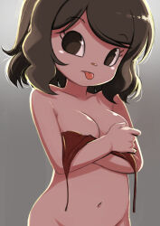 Rule 34 | 1girl, absurdres, animal crossing, bikini, bikini top only, breasts, brown eyes, brown hair, closed mouth, collarbone, eyelashes, highres, medium breasts, muramasa mikado, navel, nintendo, no pupils, out-of-frame censoring, red bikini, short hair, solo, standing, swept bangs, swimsuit, tongue, tongue out, untied bikini, villager (animal crossing)