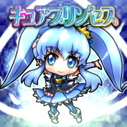 Rule 34 | 10s, 1girl, arm up, black thighhighs, blue background, blue dress, blue eyes, blue hair, blue skirt, brooch, character name, chibi, crown, cure princess, dress, full body, happinesscharge precure!, heart, heart brooch, long hair, matching hair/eyes, mini crown, nekoyuu, precure, shirayuki hime, shoes, sidelocks, skirt, smile, solo, thighhighs, twintails, wrist cuffs