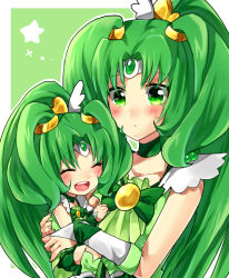 Rule 34 | 10s, 2girls, bike shorts, child, choker, cure march, dress, dual persona, closed eyes, green eyes, green hair, green theme, long hair, magical girl, midorikawa nao, multiple girls, multiple persona, open mouth, ponytail, precure, skirt, smile, smile precure!, suurin (ksyaro), tiara, time paradox, aged down