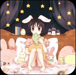 Rule 34 | 1girl, :&lt;, :o, :x, animal ears, bare legs, barefoot, bed, black hair, blush, rabbit ears, carrot, character doll, crayon, feet, female focus, hand mirror, inaba tewi, mirror, open mouth, pillow, red eyes, reisen udongein inaba, shizuco (pizicato), short hair, sitting, solo, star (symbol), stuffed animal, stuffed rabbit, stuffed toy, themed object, touhou, wide-eyed