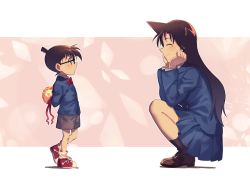 Rule 34 | 1boy, 1girl, arms behind back, bad id, bad pixiv id, black legwear, blue jacket, blue skirt, bouquet, bow, bowtie, brown footwear, brown hair, closed eyes, closed mouth, edogawa conan, flower, from side, full body, glasses, grey shorts, hage ta, holding, holding bouquet, jacket, loafers, long hair, long sleeves, looking at another, meitantei conan, miniskirt, mouri ran, orange flower, pleated skirt, profile, red bow, red neckwear, red ribbon, ribbon, school uniform, shoes, short shorts, shorts, skirt, smile, socks, squatting, standing, straight hair, very long hair, white background