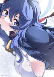 Rule 34 | 1girl, ako (blue archive), bell, blue archive, blue hair, blush, breasts, earrings, highres, jewelry, large breasts, leash, looking at viewer, neck bell, sideboob, simple background, solo, stud earrings, super zombie, upper body, white background