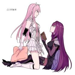 Rule 34 | 2girls, artist request, blush, bodysuit, book, breasts, eye contact, fate/grand order, fate/prototype, fate (series), frown, full body, jewelry, long hair, looking at another, medb (fate), medb (fate), medium breasts, multiple girls, navel, pillow, pink hair, purple hair, red eyes, scathach (fate), scathach (fate), skirt, small breasts, tiara, white background, yuri