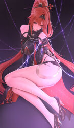 1girl bare_legs bare_shoulders black_bodysuit black_gloves black_hairband black_shorts bodysuit breasts bright_pupils circle_facial_mark closed_mouth commentary elbow_gloves facial_mark gloves hair_between_eyes hair_ornament hairband hairpin high_heels high_ponytail highres katsuyamamage large_breasts legs long_hair looking_at_viewer mark_under_both_eyes micro_shorts ndoon ponytail purple_eyes red_hair shorts sitting smile solo tacet_mark_(wuthering_waves) very_long_hair white_pupils wuthering_waves yinlin_(wuthering_waves)