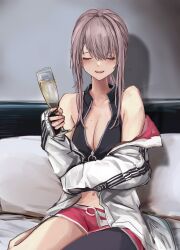 Rule 34 | 1girl, absurdres, ar-57 (girls&#039; frontline), bare shoulders, breasts, brown hair, cleavage, closed eyes, cup, drinking glass, girls&#039; frontline, highres, holding, holding cup, jacket, jacket partially removed, large breasts, lithographica, long sleeves, midriff, mole, mole on breast, on bed, open mouth, pillow, ponytail, short shorts, shorts, sidelocks, single thighhigh, sitting, solo, thighhighs, wine glass