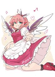 Rule 34 | 1girl, alternate costume, animal ear piercing, animal ears, apron, apron hold, aqua eyes, beamed sixteenth notes, bird ears, bird wings, blush, dress, earrings, grin, hairband, heart, highres, hoop earrings, jewelry, looking at viewer, maid, musical note, mystia lorelei, pink dress, pink hair, red brooch, shoes, short sleeves, smile, solo, tatutaniyuuto, touhou, waist apron, white apron, white wings, wings