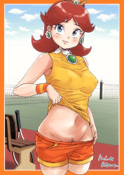 Rule 34 | 1girl, bare shoulders, blue eyes, blush, breasts, closed mouth, clothes lift, commentary request, covered erect nipples, crown, earrings, female pubic hair, flower earrings, jewelry, long hair, looking at viewer, mario (series), mario tennis, medium breasts, mizukane, navel, nintendo, no bra, orange background, princess daisy, pubic hair, red hair, shirt lift, shorts, smile, solo, standing, tennis daisy