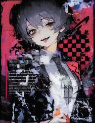 1girl abstract_background bags_under_eyes black_jacket black_necktie brown_hair collared_shirt commentary english_commentary fangs girls&#039;_frontline girls&#039;_frontline_2:_exilium highres hitboxsamurai jacket looking_at_viewer necktie one_eye_closed open_mouth scar scar_across_eye shirt short_hair solo teeth tongue tongue_out ump45_(girls&#039;_frontline) upper_body upper_teeth_only white_shirt yellow_eyes