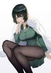 Rule 34 | 1girl, absurdres, black hair, black pantyhose, blunt bangs, blush, dress, fubuki (one-punch man), fur trim, green eyes, half-closed eyes, hand on own chin, highres, jacket, jewelry, necklace, one-punch man, pantyhose, parted lips, pearl necklace, short hair, solo, yykuaixian