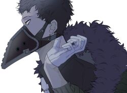 Rule 34 | 1boy, absurdres, black shirt, boku no hero academia, brown hair, chacoma, ear piercing, feather-trimmed jacket, feathers, from side, gloves, green jacket, highres, jacket, male focus, mask, mouth mask, necktie, overhaul (boku no hero academia), piercing, plague doctor mask, purple feathers, shirt, short hair, solo, very short hair, white background, white gloves, white necktie, yellow eyes