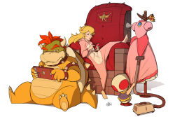 Rule 34 | 1girl, 2boys, alternate costume, artist logo, artist name, barefoot, blonde hair, bowser, buttons, cellphone, claws, cleaning, closed mouth, crown, unworn crown, dress, expressionless, fangs, full body, half-closed eyes, handheld game console, hands up, height difference, holding, holding phone, hood, hood down, hooded pajamas, horns, leaning back, leg up, lips, long hair, long sleeves, looking down, mario (series), multiple boys, mx. moz, nintendo, nintendo switch, pajamas, phone, pink dress, playing games, princess peach, red eyes, red hair, simple background, sitting, smartphone, spikes, standing, throne, toad (mario), vacuum cleaner, white background