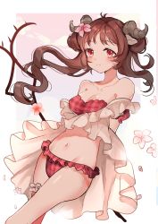 Rule 34 | 1girl, animal ears, arknights, bare shoulders, bikini, blush, breasts, brown hair, cleavage, closed mouth, collarbone, commentary request, eyjafjalla (arknights), eyjafjalla (summer flower) (arknights), flower, frilled bikini, frills, goat ears, goat horns, gradient background, hair flower, hair ornament, highres, horns, hoshi lingdang, long hair, looking at viewer, medium breasts, navel, off-shoulder bikini, off shoulder, official alternate costume, pink flower, plaid, plaid bikini, red bikini, red eyes, smile, solo, staff, standing, stomach, swimsuit