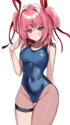 Rule 34 | 1girl, absurdres, b4 (yonten), bad id, bad pixiv id, blue one-piece swimsuit, blush, breasts, covered navel, doki doki literature club, gluteal fold, highres, looking at viewer, medium breasts, natsuki (doki doki literature club), one-piece swimsuit, pantyhose, pink eyes, pink hair, pink pantyhose, simple background, solo, swimsuit, two side up, wet, white background