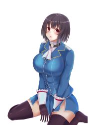Rule 34 | 1girl, :o, absurdres, between legs, black gloves, black hair, black thighhighs, blue skirt, breasts, gloves, hand between legs, highres, kantai collection, large breasts, looking at viewer, military, military uniform, miniskirt, no shoes, red eyes, short hair, sitting, skirt, solo, syun3783, takao (kancolle), thighhighs, uniform, wariza