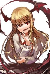 Rule 34 | 10s, 1girl, :d, akefumi, bad id, bad twitter id, bat wings, black skirt, blonde hair, finger to mouth, frilled skirt, frills, granblue fantasy, head wings, index finger raised, long hair, looking at viewer, open mouth, pointy ears, shingeki no bahamut, shirt, simple background, skirt, smile, solo, vampire, vampy, white background, white shirt, wings