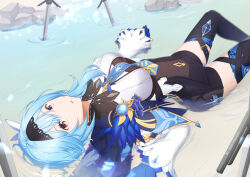 Rule 34 | 1girl, artist name, bio tiful, black hairband, blue cape, blue gloves, blue hair, blue necktie, boots, breasts, cape, chest harness, eula (genshin impact), feet out of frame, full body, genshin impact, gloves, gradient eyes, hair between eyes, hair ornament, hairband, hand up, harness, high-waist shorts, knees up, looking at viewer, lying, medium breasts, medium hair, multicolored eyes, multiple swords, necktie, on back, orange eyes, parted lips, partially submerged, planted, planted sword, planted weapon, rock, shorts, sidelocks, solo, sword, thigh boots, vision (genshin impact), water, weapon, white sleeves, wide sleeves