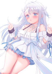 Rule 34 | 1girl, ahoge, amatsuka uto, angel wings, bare shoulders, blue eyes, blue hair, blush, breasts, colored tips, detached sleeves, dress, hair ornament, hairclip, halter dress, halterneck, highres, indie virtual youtuber, long hair, looking at viewer, medium breasts, multicolored hair, off-shoulder dress, off shoulder, open mouth, ribbon, simple background, solo, thighs, twintails, virtual youtuber, wings, zhaofeng yinyue