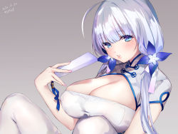 Rule 34 | 1girl, 2020, absurdres, azur lane, blue eyes, breasts, bursting breasts, china dress, chinese clothes, cleavage, dress, folding fan, grey background, hand fan, highres, holding, holding fan, illustrious (azur lane), illustrious (maiden lily&#039;s radiance) (azur lane), large breasts, long hair, looking at viewer, mole, mole under eye, official alternate costume, shiromonefu, simple background, solo, white dress, white hair, white legwear