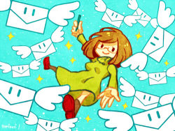 Rule 34 | 1girl, aqua background, bad id, bad pixiv id, blue background, bob cut, brown hair, closed mouth, dress, envelope, glasses, green dress, green shirt, long sleeves, looking at viewer, lowres, nikki (swapnote), nintendo, outstretched hand, red-framed eyewear, shirt, short hair, simple background, smile, solo, sparkle, swapnote, turtleneck, wings, yubune