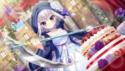 Rule 34 | 1girl, berry, black cloak, blue cloak, blue eyes, brick wall, bride, cake, choker, cloak, closed mouth, dot nose, dress, dutch angle, earrings, film grain, flower, flower earrings, food, game cg, holding, holding scythe, hood, hooded cloak, izumi tsubasu, jewelry, lens flare, looking at viewer, medieval, necklace, nishidate haku, non-web source, official art, pillar, plant, purple flower, purple rose, re:stage!, rose, scythe, serious, solo, sparkle, strawberry cake, sunlight, table, tablecloth, two-sided cloak, two-sided fabric, two-tone cloak, vase, vines, wall lamp, wedding, wedding dress, white choker, white dress, white hair, window