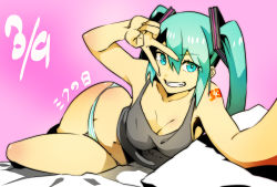 Rule 34 | 1girl, 39, aqua eyes, aqua hair, breasts, cleavage, ganagoa, grin, hatsune miku, highres, letterboxed, long hair, looking at viewer, lying, no pants, on side, panties, smile, solo, striped clothes, striped panties, tank top, twintails, underwear, v, vocaloid