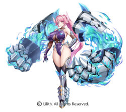 1girl armor bare_shoulders blue_fire breasts fire full_body highleg highleg_leotard horns huge_breasts leotard lilith-soft long_hair nagiriin_ryou no_mask official_art pink_hair simple_background skin_tight standing taimanin_(series) taimanin_rpgx taimanin_suit white_background