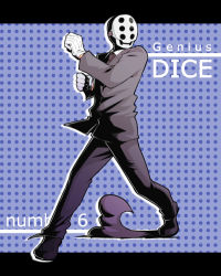 Rule 34 | 1boy, black footwear, black jacket, black necktie, black pants, blue background, character name, clenched hands, dharu riser, dice (dharu riser), english text, formal, gloves, grey shirt, hands up, jacket, legs apart, letterboxed, long sleeves, looking to the side, lowres, male focus, mask, necktie, outside border, pants, polka dot, polka dot background, shirt, shoes, solo, suit, uematsu, white gloves