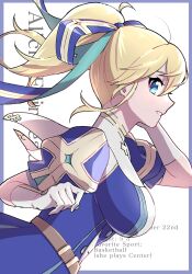 Rule 34 | 1girl, alicia fairhead, armed fantasia, blonde hair, blue eyes, breasts, character name, english text, flower, gloves, highres, large breasts, long hair, looking at viewer, ponytail, sako (namocake), solo, white gloves