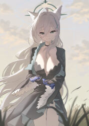 Rule 34 | 1girl, absurdres, animal ear fluff, animal ears, applepie (12711019), black dress, black jacket, blue archive, blue eyes, breasts, choker, cleavage, collarbone, cropped jacket, cross hair ornament, dress, extra ears, grey hair, hair ornament, halo, highres, jacket, large breasts, long hair, long sleeves, looking at viewer, open clothes, open jacket, revision, shiroko (blue archive), shiroko terror (blue archive), side slit, sidelocks, smile, solo, thighs, wolf ears