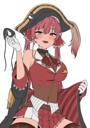 Rule 34 | 1girl, arrow through heart, ascot, belt, black thighhighs, blush, breasts, brown belt, cleavage, covered navel, epaulettes, eyepatch, unworn eyepatch, gloves, hair between eyes, hat, heterochromia, highres, holding eyepatch, hololive, houshou marine, jangmaseason, lace, lace-trimmed legwear, lace trim, large breasts, leotard, leotard under clothes, long hair, looking at viewer, open mouth, pirate hat, red ascot, red eyes, red hair, red skirt, ribbon, see-through, see-through cleavage, skirt, smile, solo, thighhighs, thighs, tricorne, twintails, unfinished, virtual youtuber, white background, white gloves, zettai ryouiki