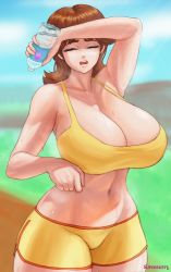Rule 34 | 1girl, absurdres, alternate breast size, arm up, artist name, bottle, bra, breasts, brown hair, cleavage, closed eyes, curvy, day, drying, female focus, forehead, grass, hand up, highres, holding, holding bottle, hot, huge breasts, long hair, mario (series), muscular, muscular female, navel, nintendo, open mouth, outdoors, princess daisy, sky, solo, sports bra, super mario land, superbusty, sweat, sweatdrop, thick thighs, thighs, underwear, water, water bottle, yellow sports bra