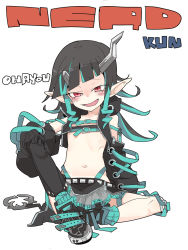 Rule 34 | 1girl, nanashi inc., belt, belt bra, black footwear, black gloves, black hair, black jacket, black skirt, black thighhighs, blue belt, blue hair, blue socks, blush, chest belt, clothing cutout, commentary request, cropped jacket, cross-laced clothes, cross-laced sleeves, demon girl, demon horns, demon tail, english text, fang, flat chest, full body, garter straps, gloves, grey skirt, highres, horns, jacket, layered skirt, long hair, long sleeves, looking at viewer, midriff, multicolored hair, navel, open clothes, open jacket, open mouth, pointy ears, red eyes, shishio chris, shoes, shoulder cutout, simple background, single thighhigh, sitting, skirt, smile, sneakers, socks, solo, sugar lyric, tail, thighhighs, tomatojam, two-tone hair, virtual youtuber, white background, zipper skirt