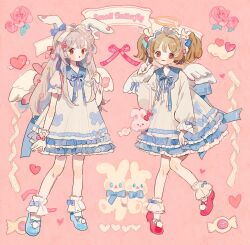 Rule 34 | 2girls, :o, ahoge, angel, angel wings, animal bag, animal ears, ankle cuffs, back bow, bag, blue bow, blue bowtie, blue footwear, blue sailor collar, blush stickers, bow, bow legwear, bow print, bowtie, brown hair, candy, closed mouth, cloud, collared dress, commentary, cross-laced footwear, dress, english commentary, english text, floppy ears, flower, food, frilled dress, frilled sleeves, frills, full body, gloves, grey hair, hair bow, hair flower, hair ornament, hairclip, halo, heart, heart hair ornament, highres, lace, lace-trimmed gloves, lace-trimmed ribbon, lace-trimmed sleeves, lace trim, long hair, long sleeves, mary janes, multiple girls, multiple hair bows, open mouth, original, pink background, pink bag, pink bow, pink bracelet, pink eyes, pink flower, pink footwear, pom pom (clothes), puffy long sleeves, puffy short sleeves, puffy sleeves, putong xiao gou, rabbit bag, rabbit ears, rabbit hair ornament, red lips, ribbon, ribbon-trimmed dress, sailor collar, shoes, short dress, short sleeves, sidelocks, single glove, sleeve bow, smile, socks, straight hair, striped clothes, striped dress, stuffed animal, stuffed rabbit, stuffed toy, tote bag, twintails, vertical-striped clothes, vertical-striped dress, white bow, white bowtie, white dress, white gloves, white headdress, white ribbon, white socks, white wings, winged heart, wings, wrist bow, yellow halo