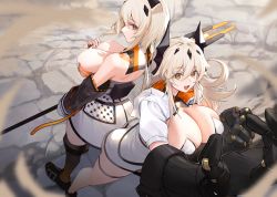 Rule 34 | 2girls, ass, bare shoulders, blonde hair, breasts, chinese commentary, cleavage, commentary request, detached sleeves, gauntlets, horns, large breasts, looking at viewer, multiple girls, open mouth, original, partial commentary, polearm, short sleeves, spear, thigh strap, thighhighs, weapon, xiujia yihuizi, yellow eyes