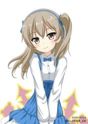 Rule 34 | 1girl, alternate color, blue bow, blue bowtie, blue ribbon, blush, bow, bowtie, brown eyes, casual, closed mouth, collared shirt, commentary, dated, flipper, girls und panzer, hair ribbon, head tilt, high-waist skirt, layered skirt, light blush, light brown hair, long hair, long sleeves, looking at viewer, medium skirt, one-hour drawing challenge, one side up, ribbon, shimada arisu, shirt, skirt, smile, solo, standing, suspender skirt, suspenders, twitter username, v arms, white background, white shirt