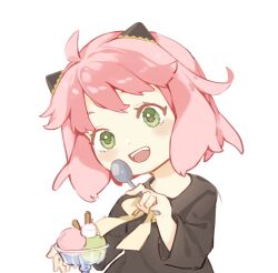 Rule 34 | 1girl, :d, ahoge, anya (spy x family), food, green eyes, hairpods, hand up, highres, holding, holding spoon, ice cream, long sleeves, open mouth, pink hair, ribbon, short hair, simple background, smile, solo, spoon, spy x family, teeth, upper teeth only, virno, white background, yellow ribbon