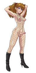Rule 34 | 1futa, armpits, arms behind head, arms up, blue eyes, bodysuit, boots, breasts, brown hair, erection, fishnet bodysuit, fishnets, full-package futanari, full body, futanari, high heel boots, high heels, highres, long hair, looking at viewer, medium breasts, medium penis, neon genesis evangelion, nipples, penis, simple background, smile, solo, souryuu asuka langley, standing, tagme, tekuho no habo, testicles, uncensored