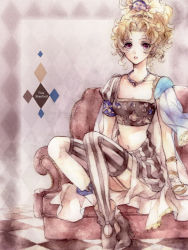Rule 34 | 1990s (style), 1girl, alternate costume, armchair, asymmetrical clothes, blonde hair, cape, chair, crop top, earrings, final fantasy, final fantasy vi, graphite (medium), green eyes, green hair, hair ornament, high heels, jewelry, lips, matching hair/eyes, midriff, mochineko, navel, necklace, official alternate costume, open mouth, painting (medium), ponytail, retro artstyle, shoes, solo, striped clothes, striped thighhighs, thighhighs, tina branford, traditional media, vertical-striped clothes, vertical-striped thighhighs, watercolor (medium)