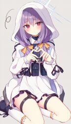 Rule 34 | 1girl, atsuko (blue archive), blue archive, blush, dress, full body, halo, heart, heart hands, highres, hood, hoodie, kneehighs, looking at viewer, bulletproof vest, purple hair, red eyes, ribbon, shoes, simple background, sitting, socks, solo, thighs, tsuzaki tsunomi, twintails, white dress, white hoodie, white socks