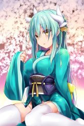 Rule 34 | 1girl, aqua hair, blush, breasts, cherry blossoms, collarbone, commentary request, dragon horns, fate/grand order, fate (series), green hair, hair between eyes, horns, japanese clothes, kimono, kiyohime (fate), large breasts, long hair, looking at viewer, parted lips, sen (astronomy), sitting, solo, thighhighs, white horns, white thighhighs, wide sleeves, yellow eyes