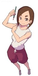 Rule 34 | 1girl, absurdres, bare shoulders, bluearcadegames, blunt ends, blush, bob cut, breasts, brown eyes, brown hair, closed mouth, commentary, curled fingers, drawstring, dress shirt, eizouken ni wa te wo dasu na!, film grain, flexing, foreshortening, from above, full body, hand on own arm, hands up, highres, holding, holding pencil, inverted bob, looking at viewer, looking up, medium breasts, mizusaki tsubame, pencil, red shorts, shirt, shoes, short hair, shorts, simple background, sleeves rolled up, smile, solo, standing, swept bangs, t-shirt, thick eyebrows, uwabaki, white background, white footwear, white shirt, wooden pencil