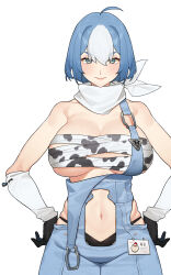 Rule 34 | 1girl, absurdres, ahoge, bandages, bandana, bandeau, bare shoulders, black gloves, black panties, blue eyes, blue hair, character request, chest sarashi, clothing cutout, commentary request, copyright request, cowboy shot, gebijiade 89, gloves, hands on own hips, highres, looking at viewer, multicolored hair, navel, overalls, panties, sarashi, short hair, simple background, smile, solo, standing, stomach, stomach cutout, strapless, tube top, two-tone hair, underwear, white background, white bandana, white hair