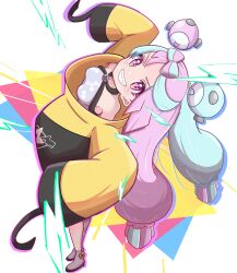 Rule 34 | 1girl, absurdres, bow-shaped hair, character hair ornament, creatures (company), game freak, gen 1 pokemon, grey hair, grin, hair ornament, hexagon print, highres, iono (pokemon), jacket, long hair, looking at viewer, low-tied long hair, magnemite, multicolored hair, nintendo, oversized clothes, pink eyes, pink hair, pokemon, pokemon sv, rono (lethys), sharp teeth, shirt, sleeveless, sleeveless shirt, sleeves past fingers, sleeves past wrists, smile, solo, split-color hair, teeth, two-tone hair, very long sleeves, x, yellow jacket