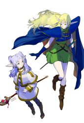 Rule 34 | 2girls, armor, belt, black pantyhose, blonde hair, boots, breastplate, breasts, brown footwear, cape, capelet, commentary request, dangle earrings, dated, deedlit, drop earrings, earrings, elf, frieren, full body, gloves, green eyes, green skirt, highres, holding, holding staff, jacket, jewelry, long hair, long pointy ears, mage staff, medium breasts, multiple girls, pantyhose, parted bangs, pauldrons, pointy ears, record of lodoss war, sheath, sheathed, shirt, shoulder armor, signature, skirt, skirt set, smile, sousou no frieren, staff, striped clothes, striped shirt, sword, tiara, tombiiwa, twintails, weapon, white background, white capelet, white hair, white jacket, white skirt