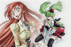 Rule 34 | 00s, 2girls, :o, alternate costume, alternate hairstyle, arm between breasts, arm support, between breasts, black legwear, blazer, boots, bow, breasts, brown hair, buttons, c.c., choker, cleavage, clenched hand, code geass, dress, dress shirt, floating hair, flying teardrops, frilled dress, frills, frown, full body, gothic lolita, gradient background, green eyes, green hair, hairband, hat, hat bow, highres, holding own arm, jacket, juliet sleeves, kimura takahiro, large breasts, leg warmers, lolita fashion, long hair, long sleeves, looking down, looking to the side, mini hat, mini top hat, multiple girls, necktie, non-web source, official art, open mouth, orange hair, outline, platform footwear, puffy long sleeves, puffy sleeves, ribbon, scan, school uniform, scrunchie, serafuku, shirley fenette, shirt, sidelocks, sitting, sleeve cuffs, sleeves past wrists, spread legs, striped, striped background, tears, thigh boots, thighhighs, top hat, twintails, upper body, v arms, very long hair, wariza, white background, white shirt, wide-eyed, wide sleeves, wing collar, yellow eyes, zettai ryouiki