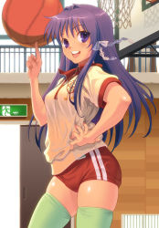 Rule 34 | 00s, 1girl, :d, ball, basketball, basketball (object), bow, breasts, bulge, buruma, clannad, cowboy shot, door, emergency exit, exit sign, face, fujibayashi kyou, green thighhighs, gym uniform, hair bow, hair intakes, hand on own hip, hip focus, indoors, long hair, looking at viewer, matching hair/eyes, medium breasts, open mouth, pairan, purple eyes, purple hair, red buruma, school gym, skindentation, small breasts, smile, solo, standing, thighhighs, zettai ryouiki
