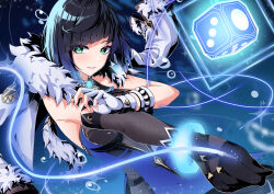 Rule 34 | 1girl, absurdres, armpits, asymmetrical gloves, black gloves, black hair, blue dress, blue hair, blush, bracelet, breasts, diagonal bangs, dice, dress, elbow gloves, fingerless gloves, fur collar, fur trim, genshin impact, gloves, gradient hair, green eyes, highres, jacket, jacket on shoulders, jewelry, large breasts, light particles, multicolored hair, parted lips, short hair, sleeveless, sleeveless dress, smile, solo, upper body, vision (genshin impact), white gloves, yelan (genshin impact), yuito (yuitokobunasbs0)