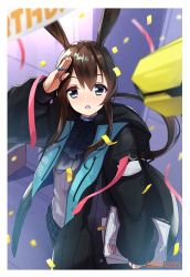 Rule 34 | 1girl, amiya (arknights), animal ears, arknights, arm up, black hair, black jacket, black skirt, blue eyes, blush, carrying, carrying under arm, commentary request, confetti, dated, hair between eyes, highres, hood, hood down, hooded jacket, indoors, jacket, jewelry, long hair, long sleeves, looking at viewer, minowa sukyaru, open clothes, open jacket, open mouth, ponytail, puffy long sleeves, puffy sleeves, rabbit ears, ring, salute, shirt, skirt, sleeves past wrists, solo, standing, streamers, thumb ring, very long hair, white shirt