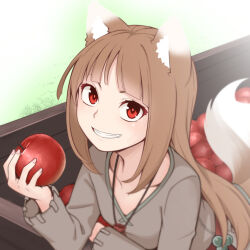 Rule 34 | 1girl, animal ears, apple, brown hair, commentary, fang, food, fruit, holding, holding food, holding fruit, holo, long hair, looking at viewer, red eyes, smile, solo, spice and wolf, symbol-only commentary, tail, tamahana, wagon, wolf ears, wolf girl, wolf tail